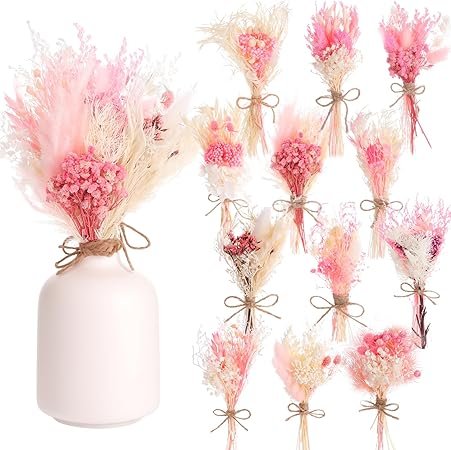12 Pack Pink Dried Flowers Bouquet Natural Pink Pampas Grass Babys Breath Bouquet Dried Wildflowers with Stems Centerpieces