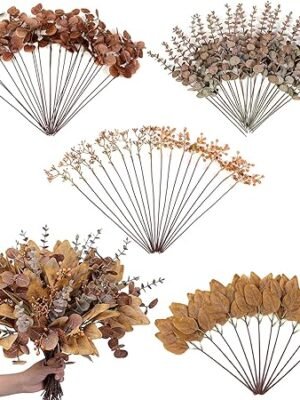 YXZZWL 110 Pcs 5 Kinds Mixed Artificial Eucalyptus Stems and Faux Berry Autumn Fake Eucalyptus Leaves Stems Bulk Branches