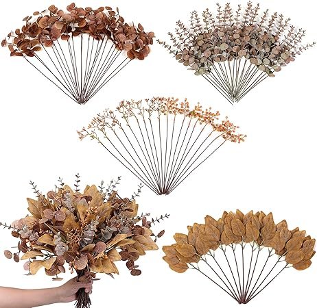 YXZZWL 110 Pcs 5 Kinds Mixed Artificial Eucalyptus Stems and Faux Berry Autumn Fake Eucalyptus Leaves Stems Bulk Branches