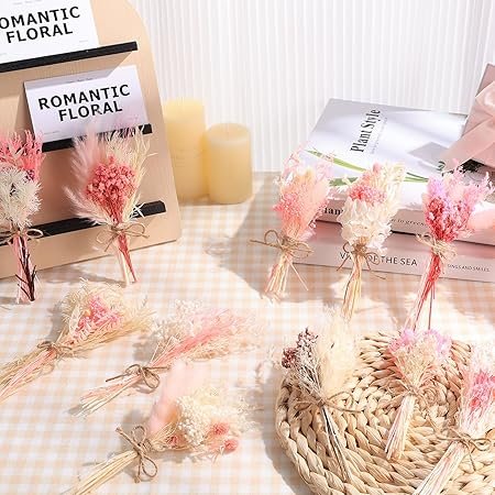 12 Pack Pink Dried Flowers Bouquet Natural Pink Pampas Grass Babys Breath Bouquet Dried Wildflowers with Stems Centerpieces